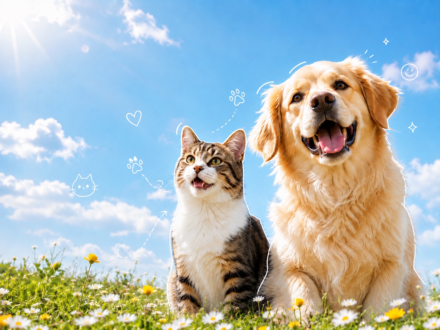 青空の下、お花畑で笑顔の犬と猫